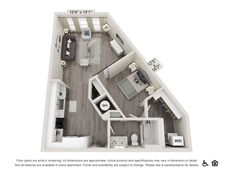 Floor plan for 1 bed, 1 bath, 750 sqft
